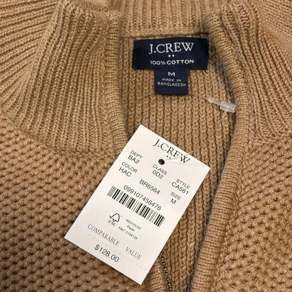 J. Crew 1/4 Zip Cotton Honeycomb Textured Camel Tan Sweater Men's Medium NWT